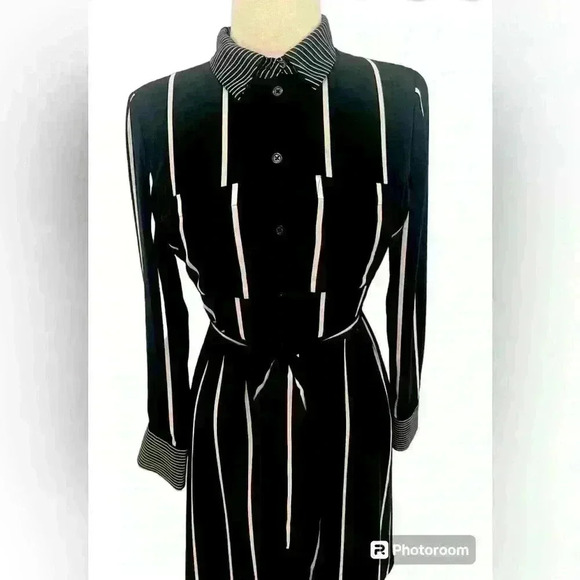 Who What Where Womens M Black White Striped Belted Longline Shirt Career Dress - Picture 6 of 8